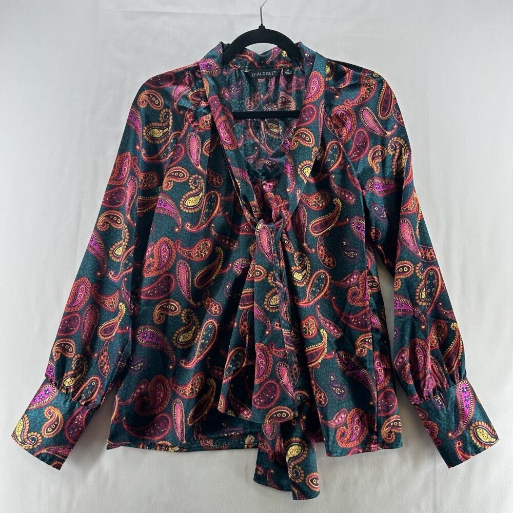 Dialogue Blouse Sz XS Paisley Satin Button Up Tie Front Long Sleeve Green Purple